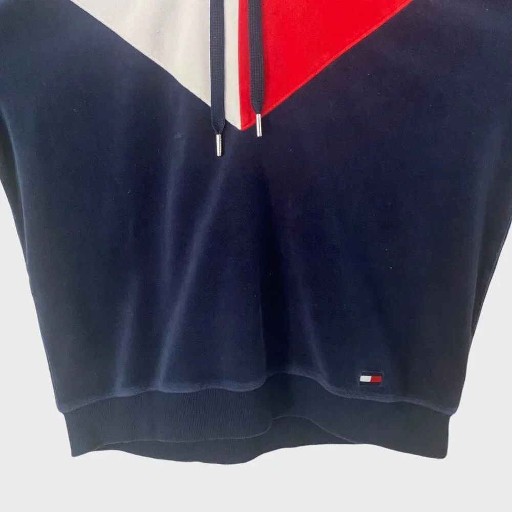 Y2K Tommy Hilfiger Sport Velour Chevron Hoodie Sweatshirt Blue Women's Medium - Picture 7 of 13